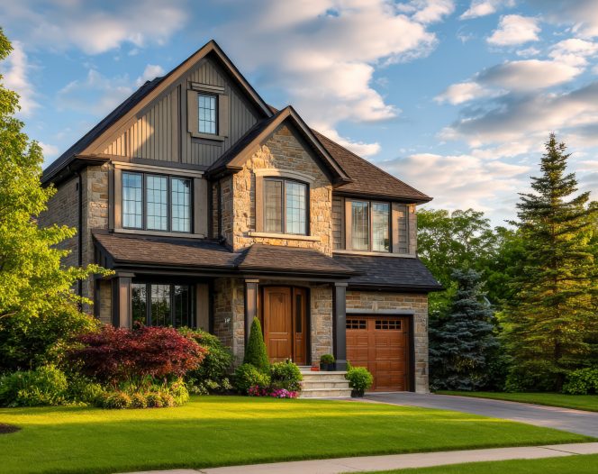 beautiful two story house with stone facade in a lush green neighborhood photo
